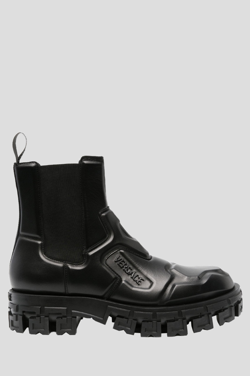 Ανδρικό Μαύρο Greca Portico Panelled Leather Boots VERSACE Παπούτσια
