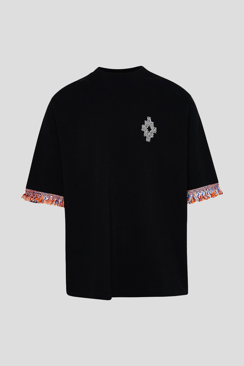 Ανδρικό Μαύρο Fringed-Sleeve Cotton T-Shirt MARCELO BURLON 223-34664-MAY