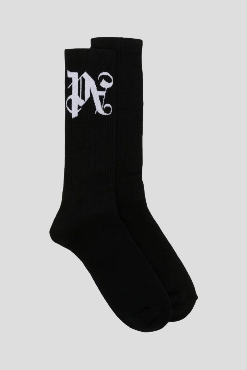 Intarsia Logo Ribbed Black Socks