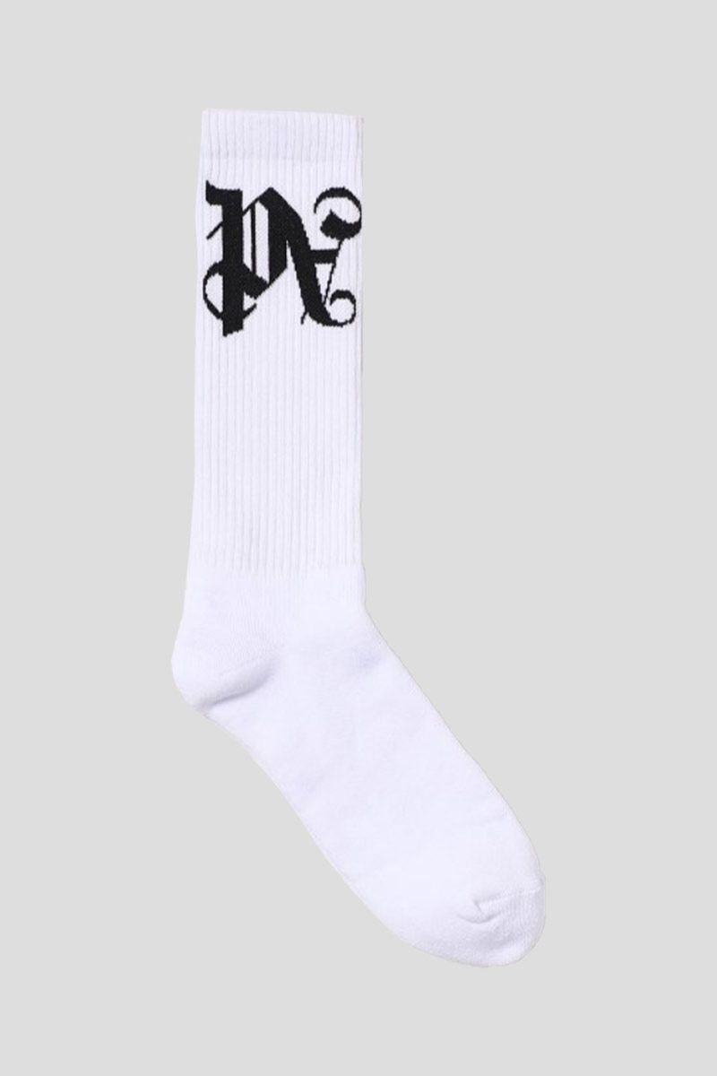 Intarsia Logo Ribbed White Socks