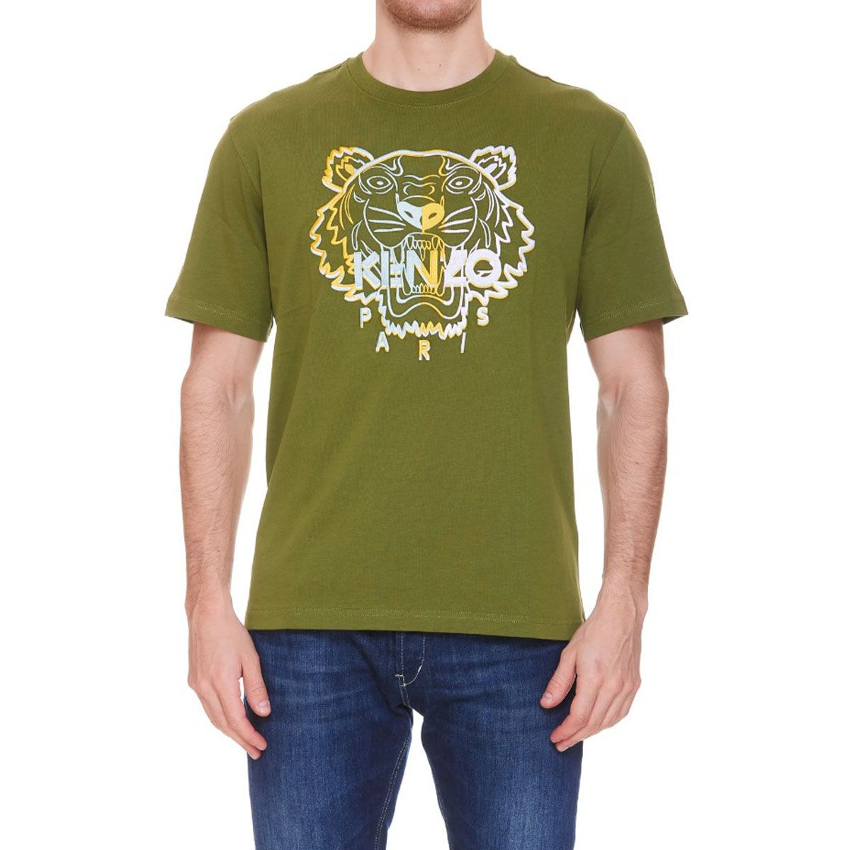 Tiger Motif Crew Neck T-shirt/Olive