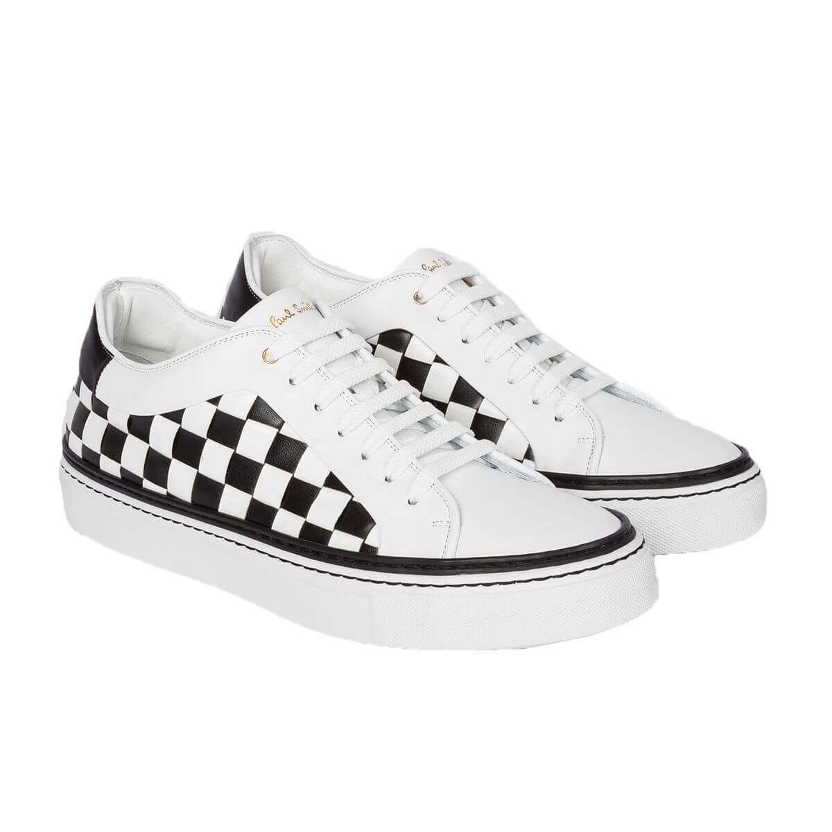 White Leather Monochrome Check Pattern 'Basso' Trainers