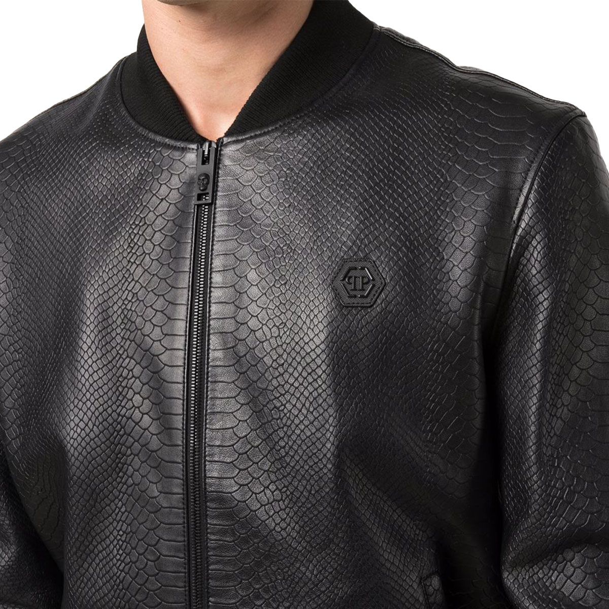 Python Print Leather Bomber Jacket