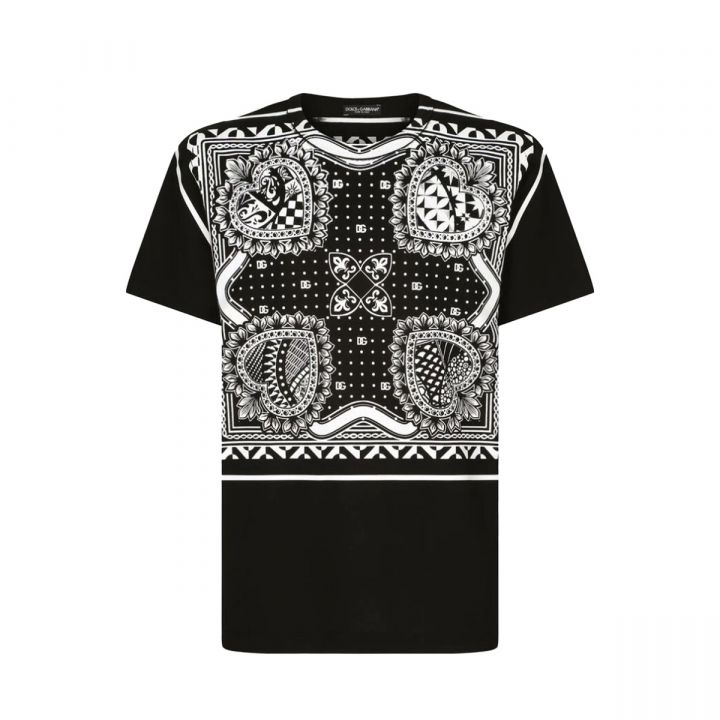 Black Cotton T-Shirt With Bandanna Print